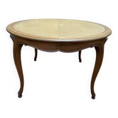 Table de salle à manger ronde extensible en chêne et cuir de style Louis XV