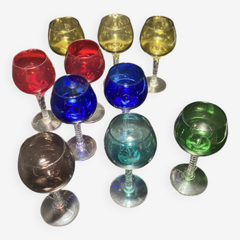 Set of ten colored stemmed glasses