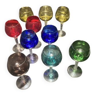 Set of ten colored stemmed glasses