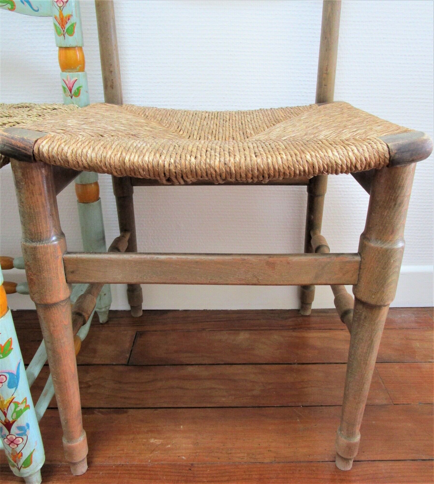 Two chairs patinated polka dots and painted wood folk art seat vintage straw