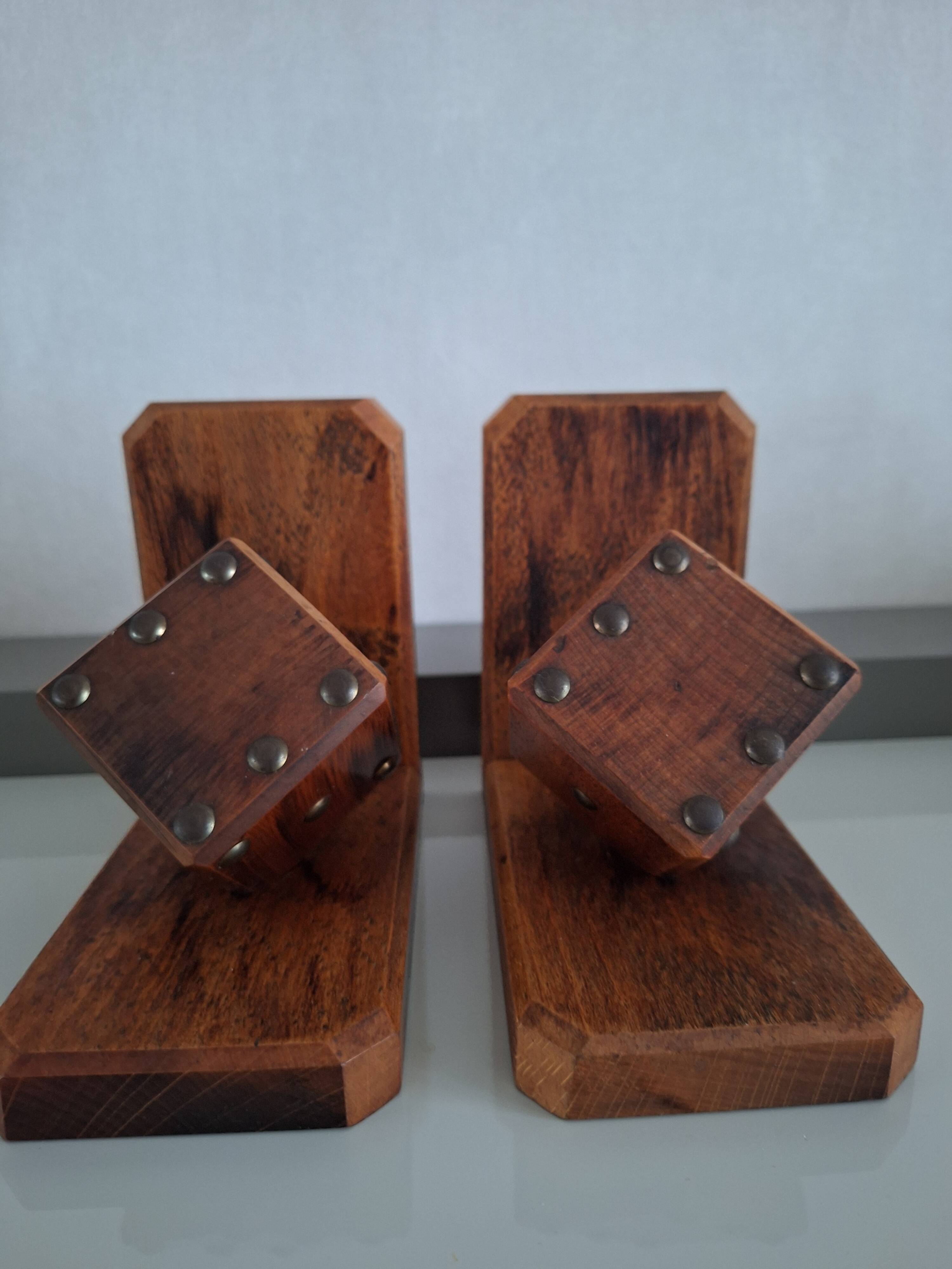Pair of bookends with wooden dice