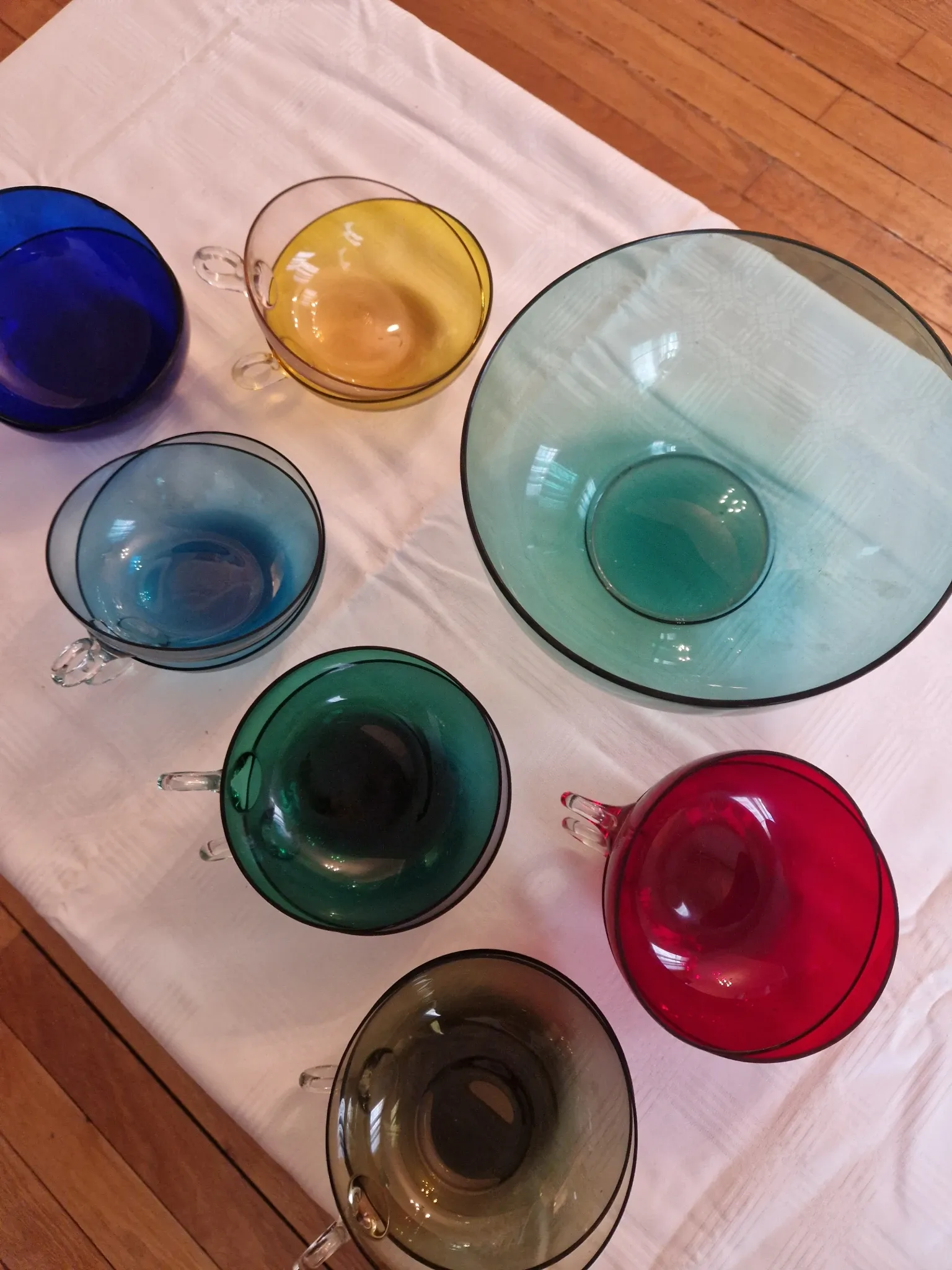 Service à dessert / punch vintage en verre soufflé multicolor (13 pièces) -