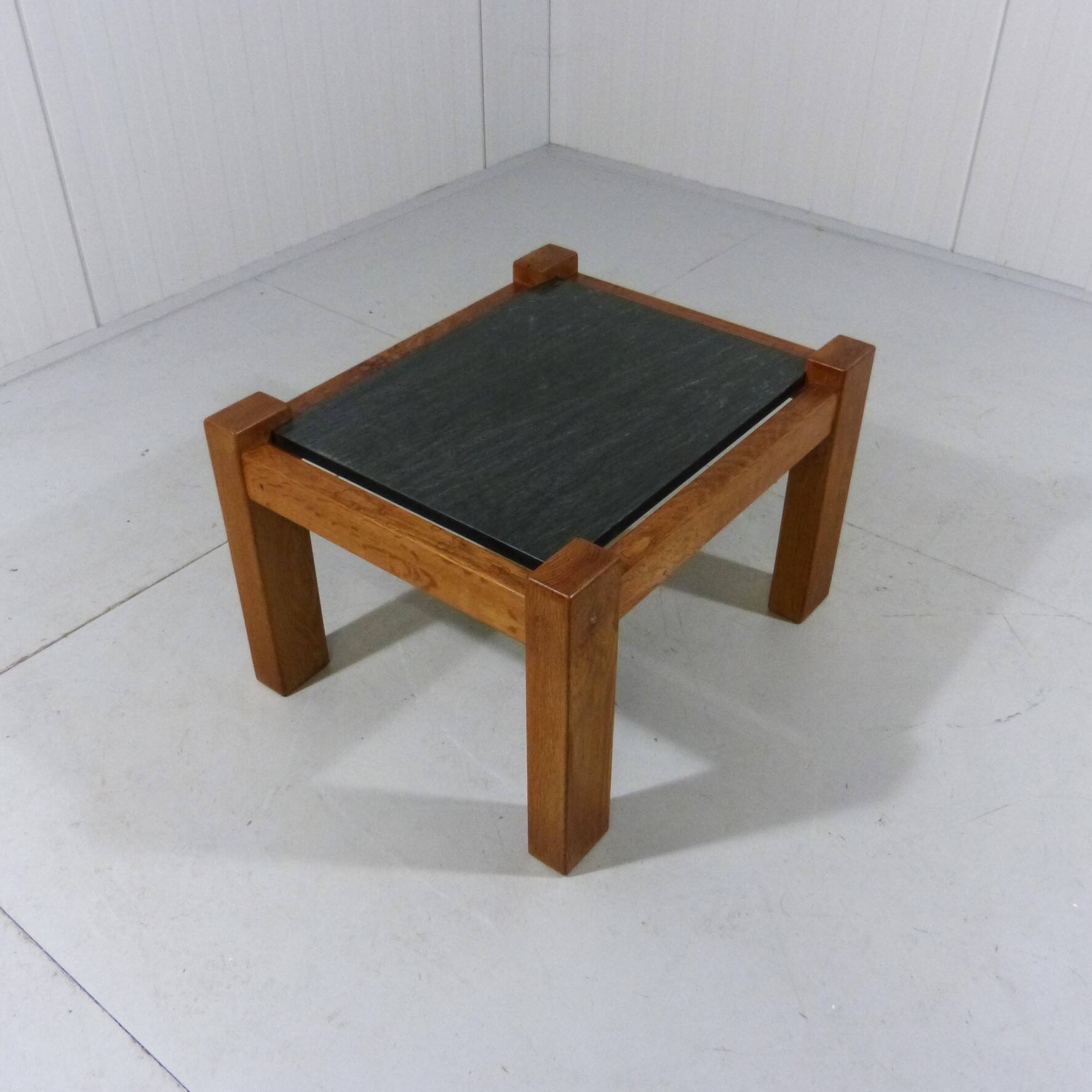 Brutalist coffee side table in oak & natural stone 1970's