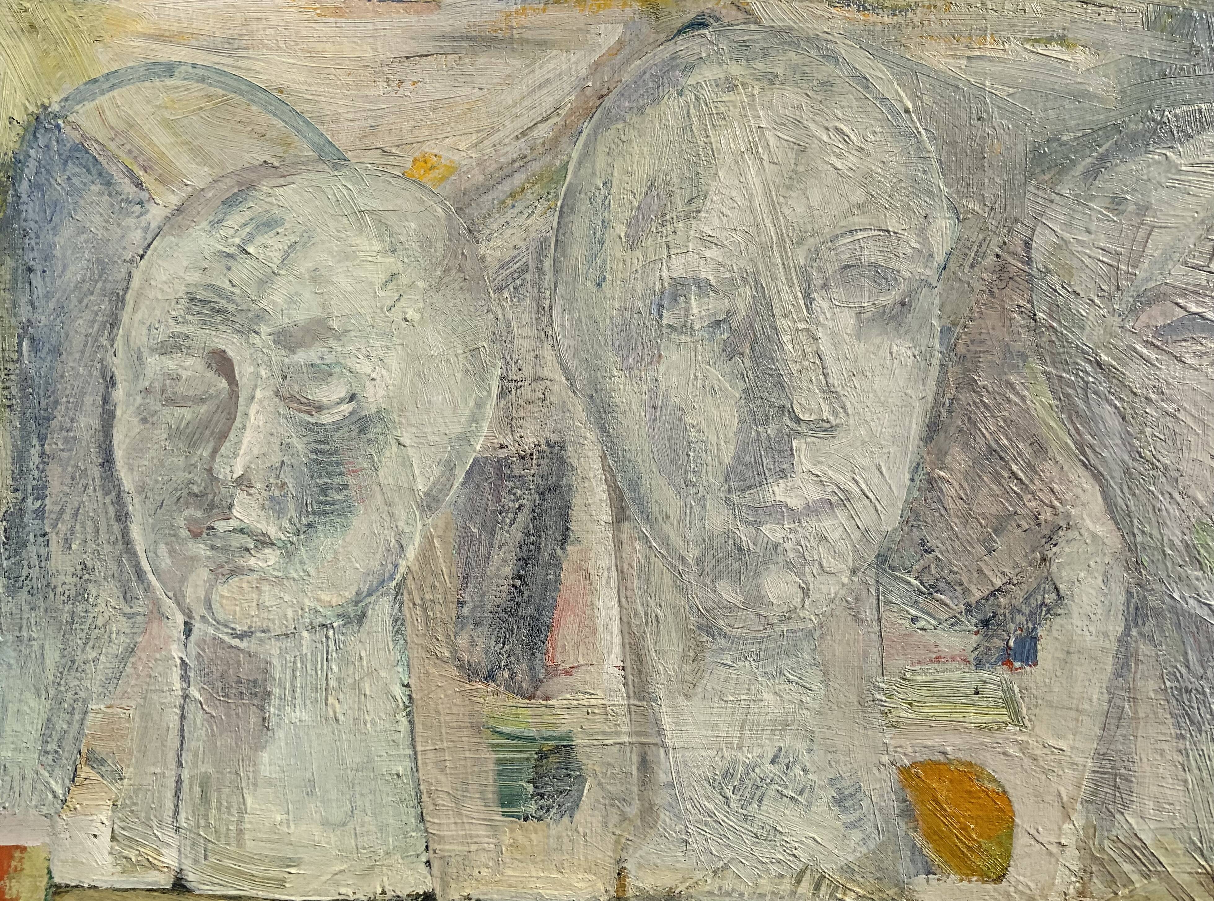 Vintage Modernist Composition with Heads Oil Painting signed by artist R.J. 1956