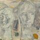 Vintage Modernist Composition with Heads Oil Painting signed by artist R.J. 1956