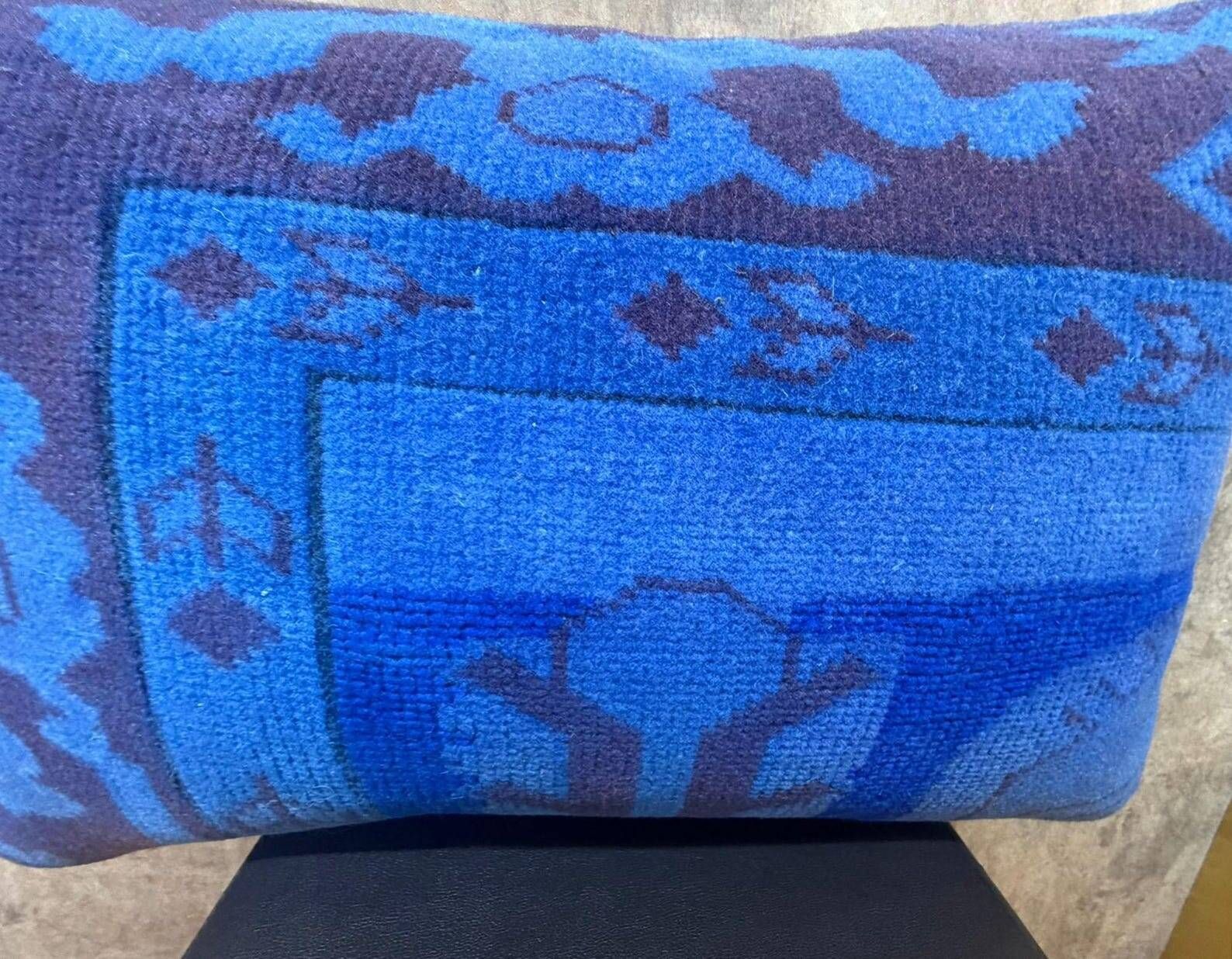 Vintage Turkish Wool Lumbar Pillow, Handmade Blue Geometric Rug Cushion