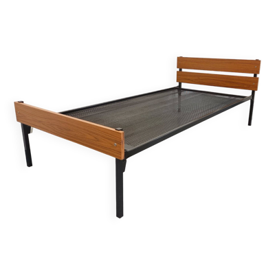 Lit vintage style moderniste en métal et formica type teck des années 60