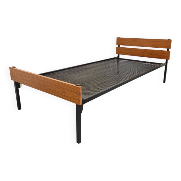 Lit vintage style moderniste en métal et formica type teck des années 60