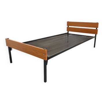 Vintage modernist style bed in metal and teak type formica from the 60s