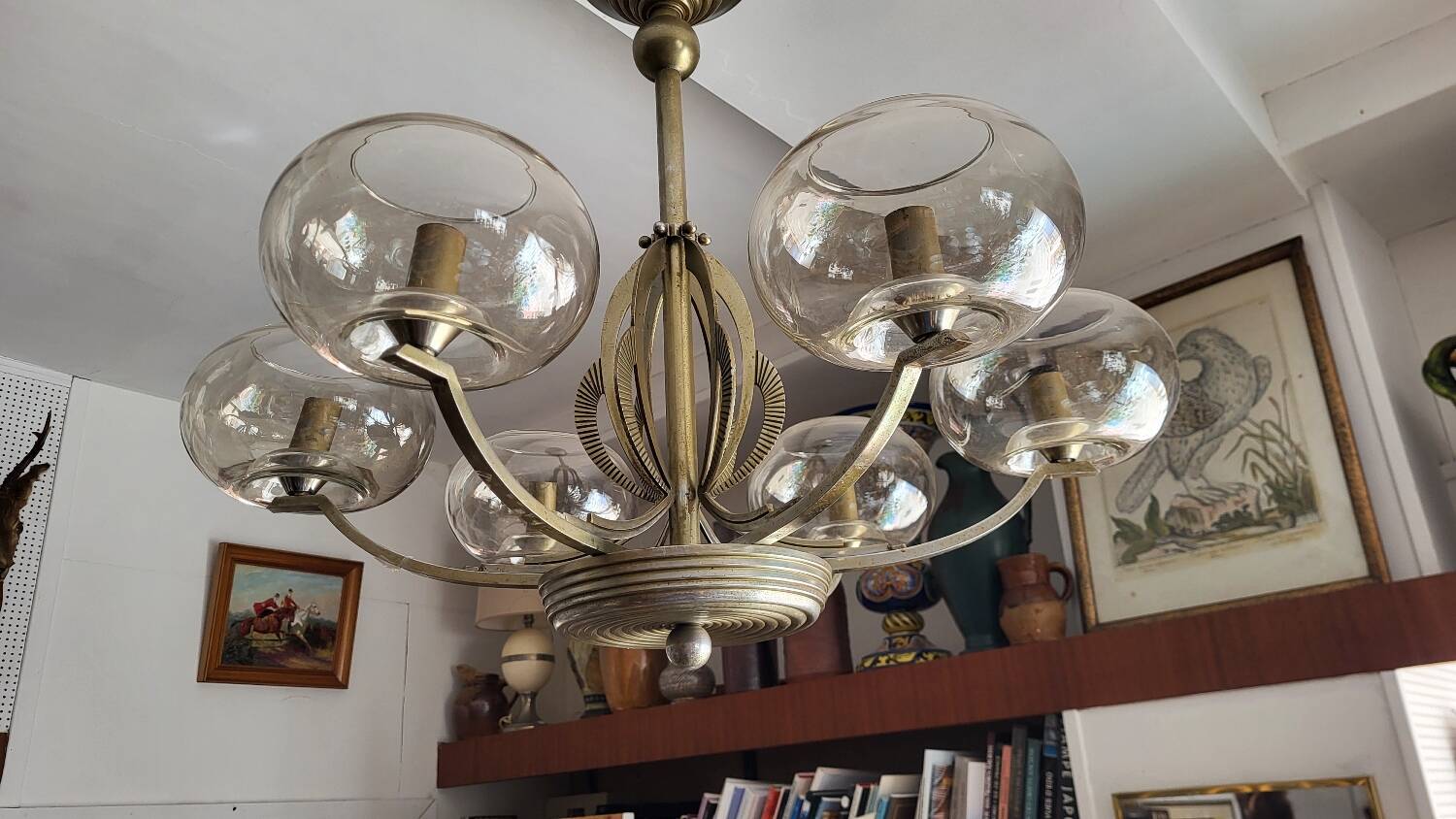 Lustre Art déco en métal et verre teinté