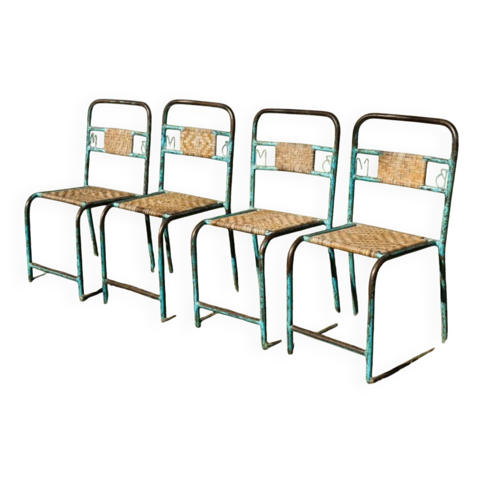 Wrought iron and rattan garden chairs