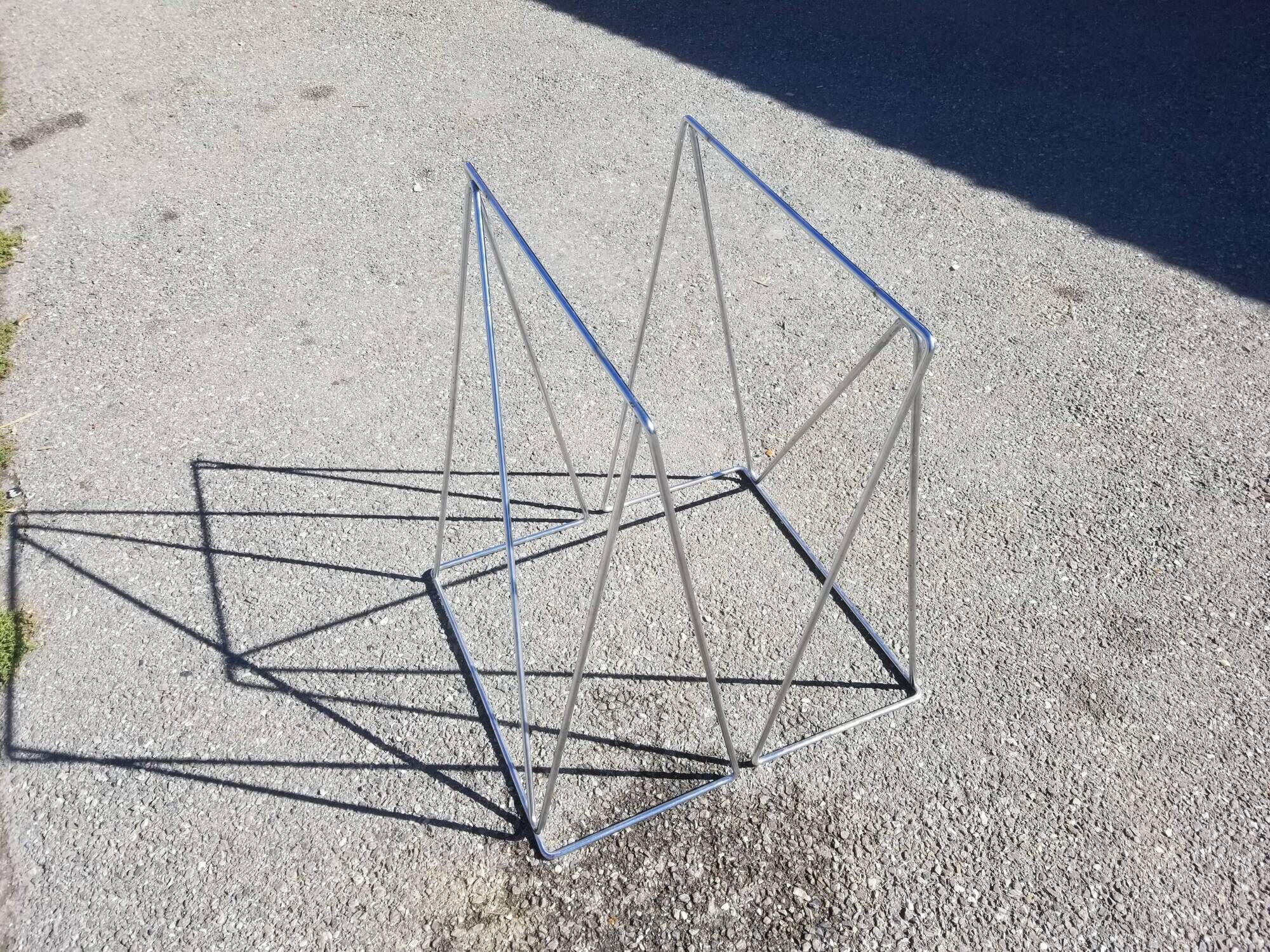 Vintage steel wire desk with chrome trestles and smoked glass top