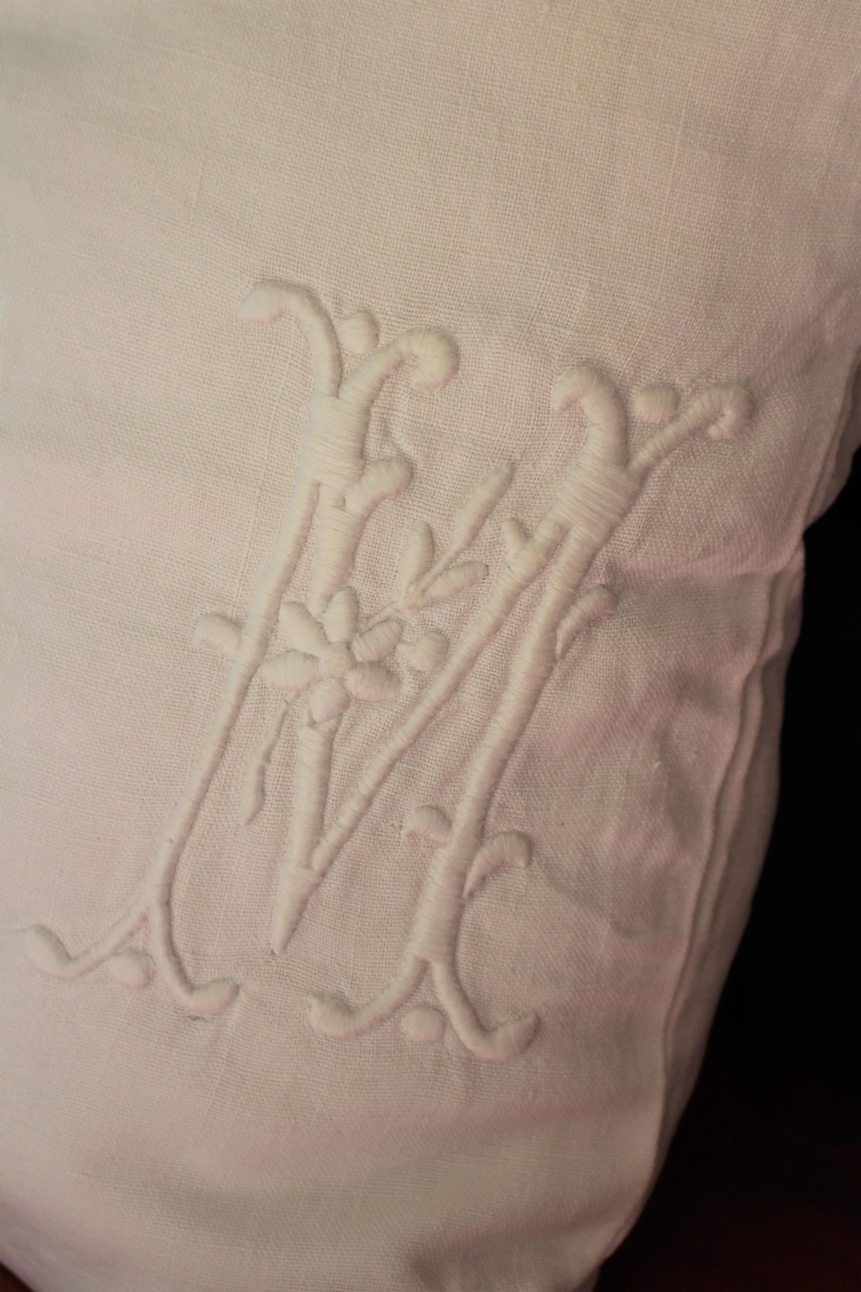 Old white linen cushion monogram