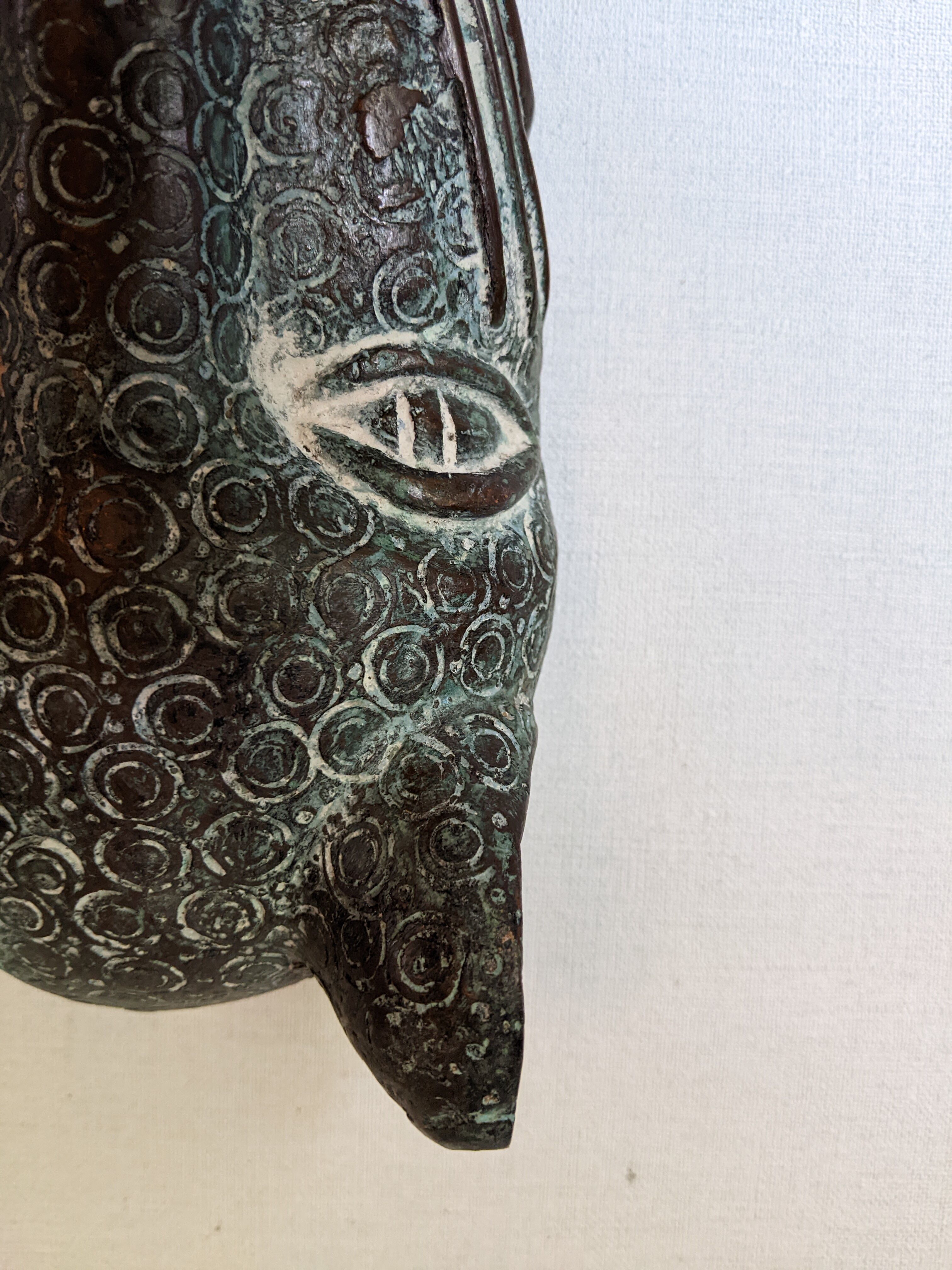 Bronze artisanal African art leopard tribal mask sculpture