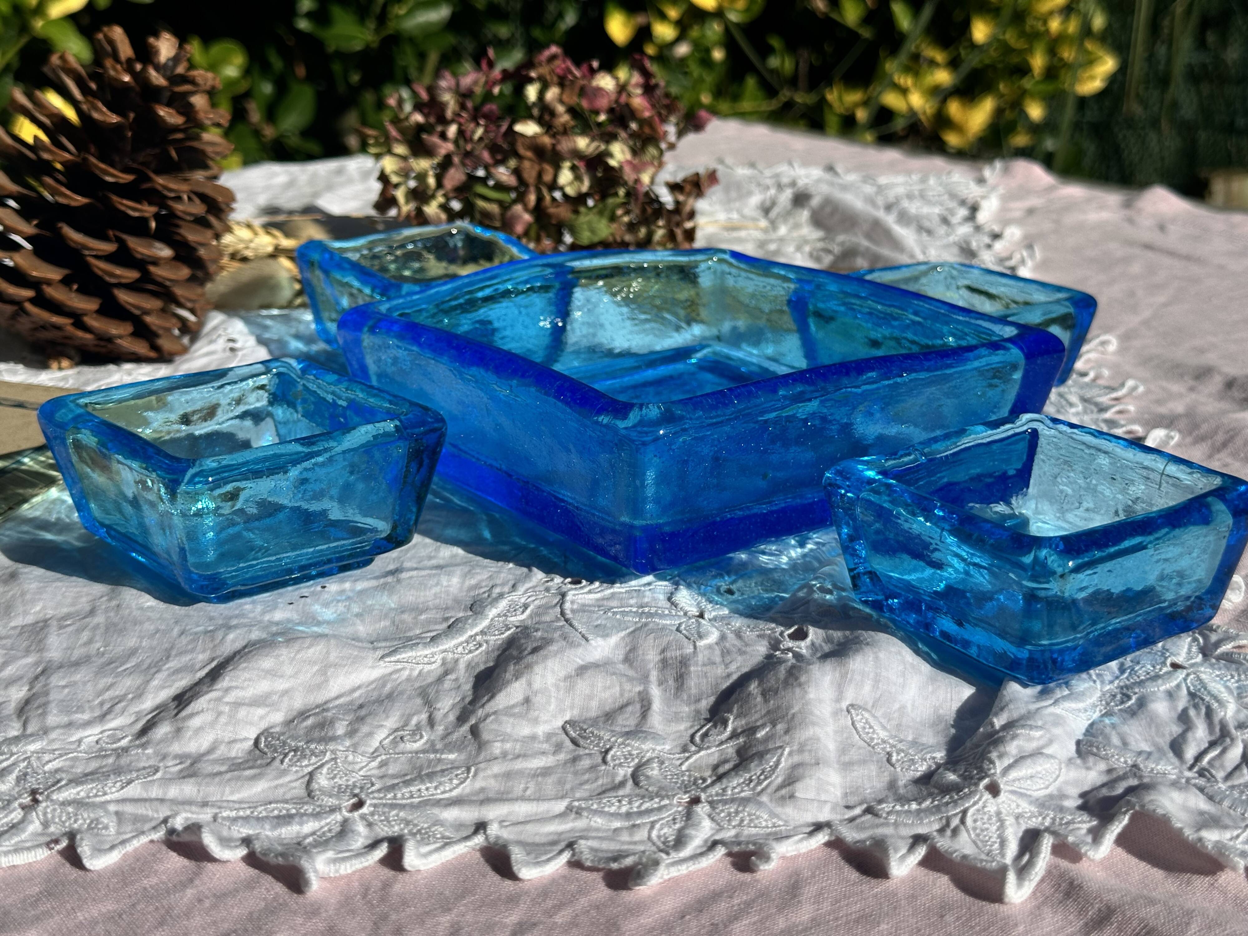 Adorable Vintage Turquoise Blue Glass Square Ashtrays and Trays