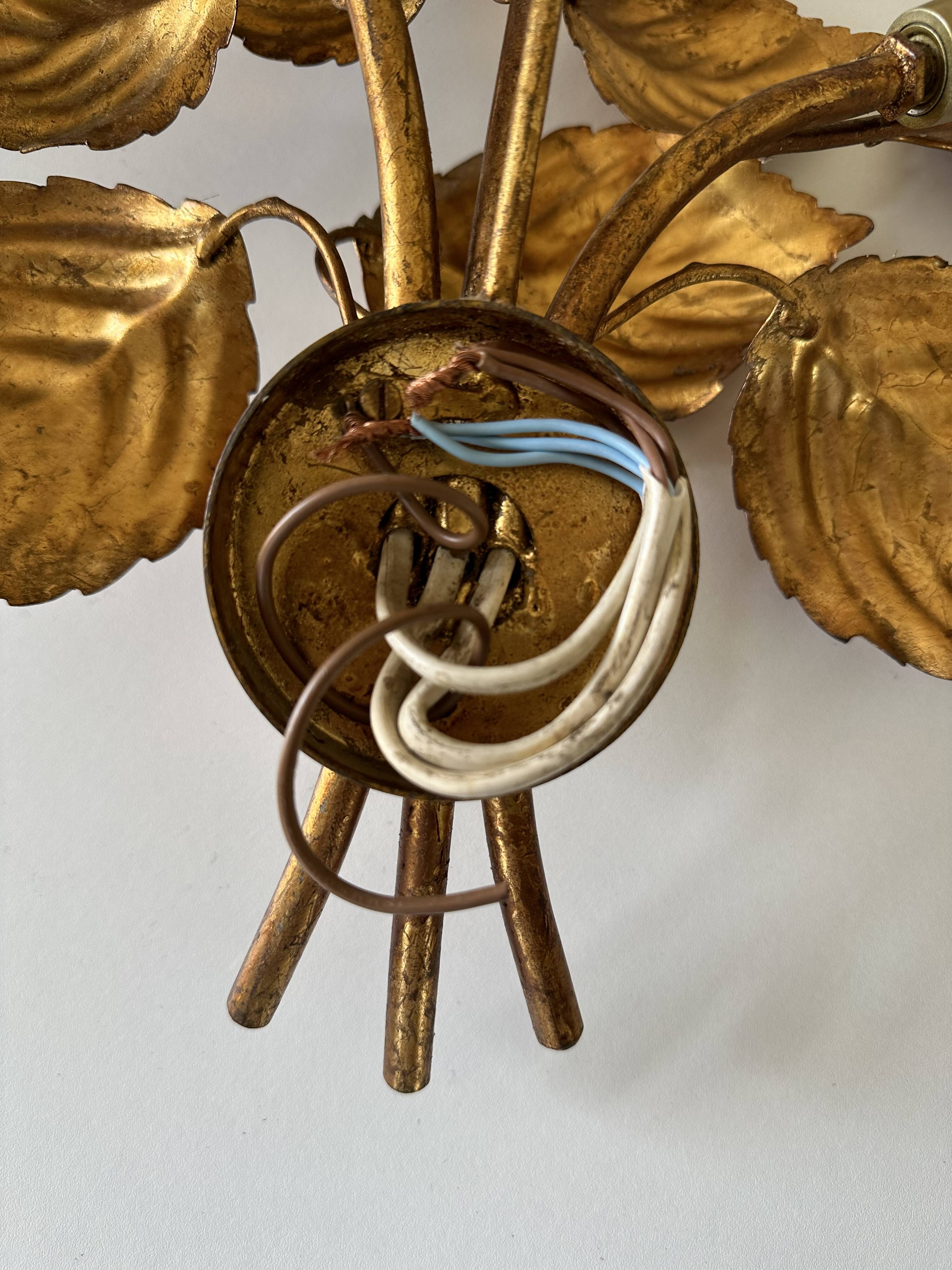 Large golden leaf wall lamp vintage design 70s