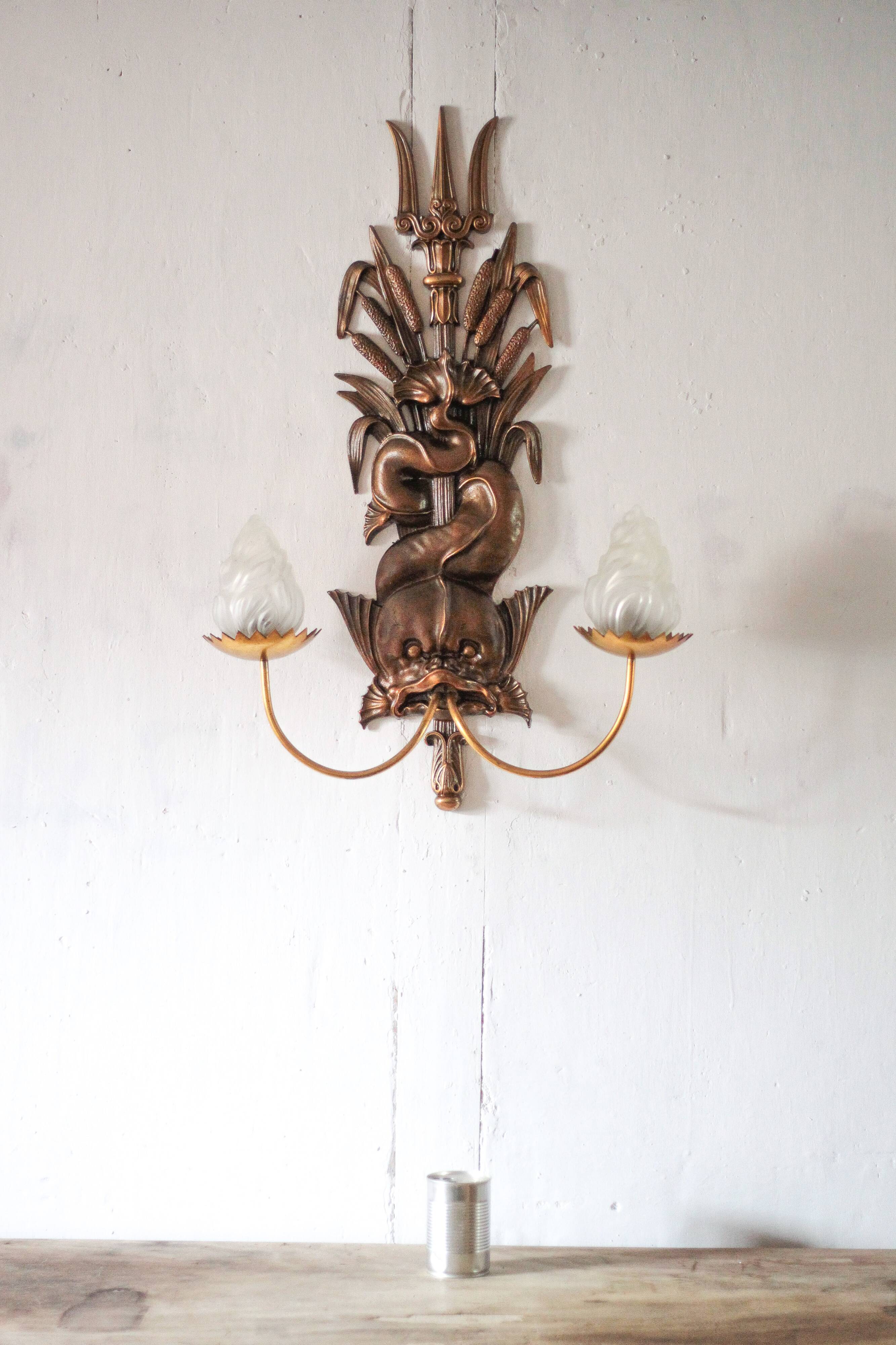 Large bronze wall light with 2 lights, dolphin wall light with reeds
