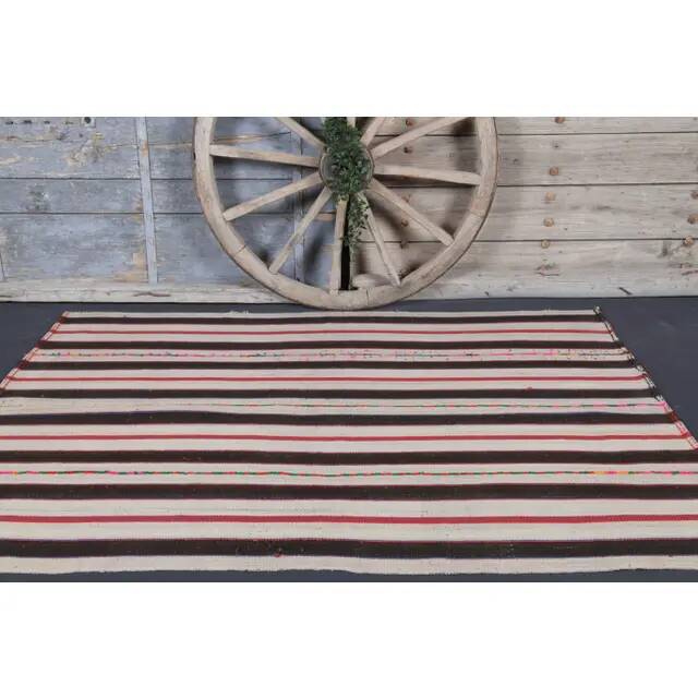 Vintage Turkish Hand-Knotted Wool Cotton Beige Kilim Area Rug 158x217