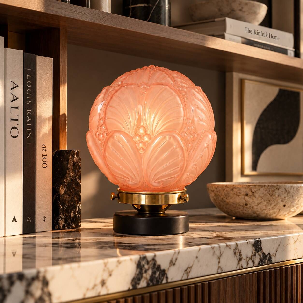 Penelope — Art Deco table lamp in sculpted pink glass, black brass base.