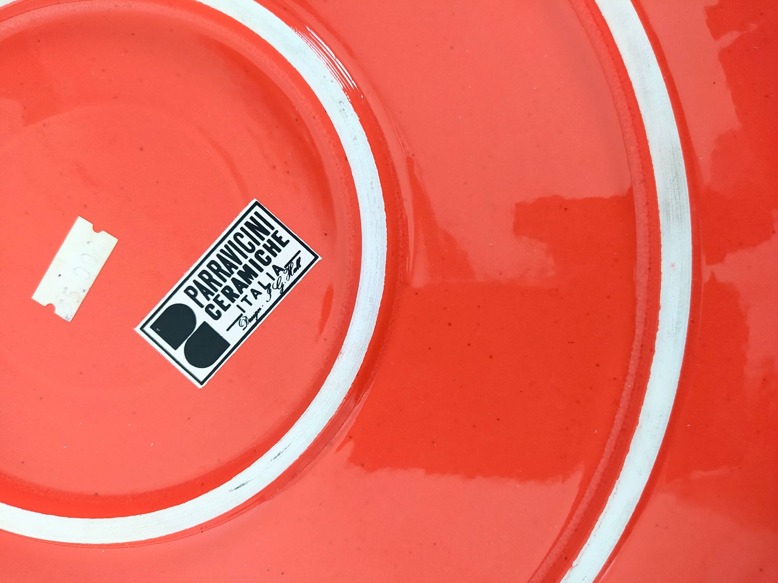 Set of Six Postmodern Vermilion Cups, Sugar Bowl and Plate by Parravicini