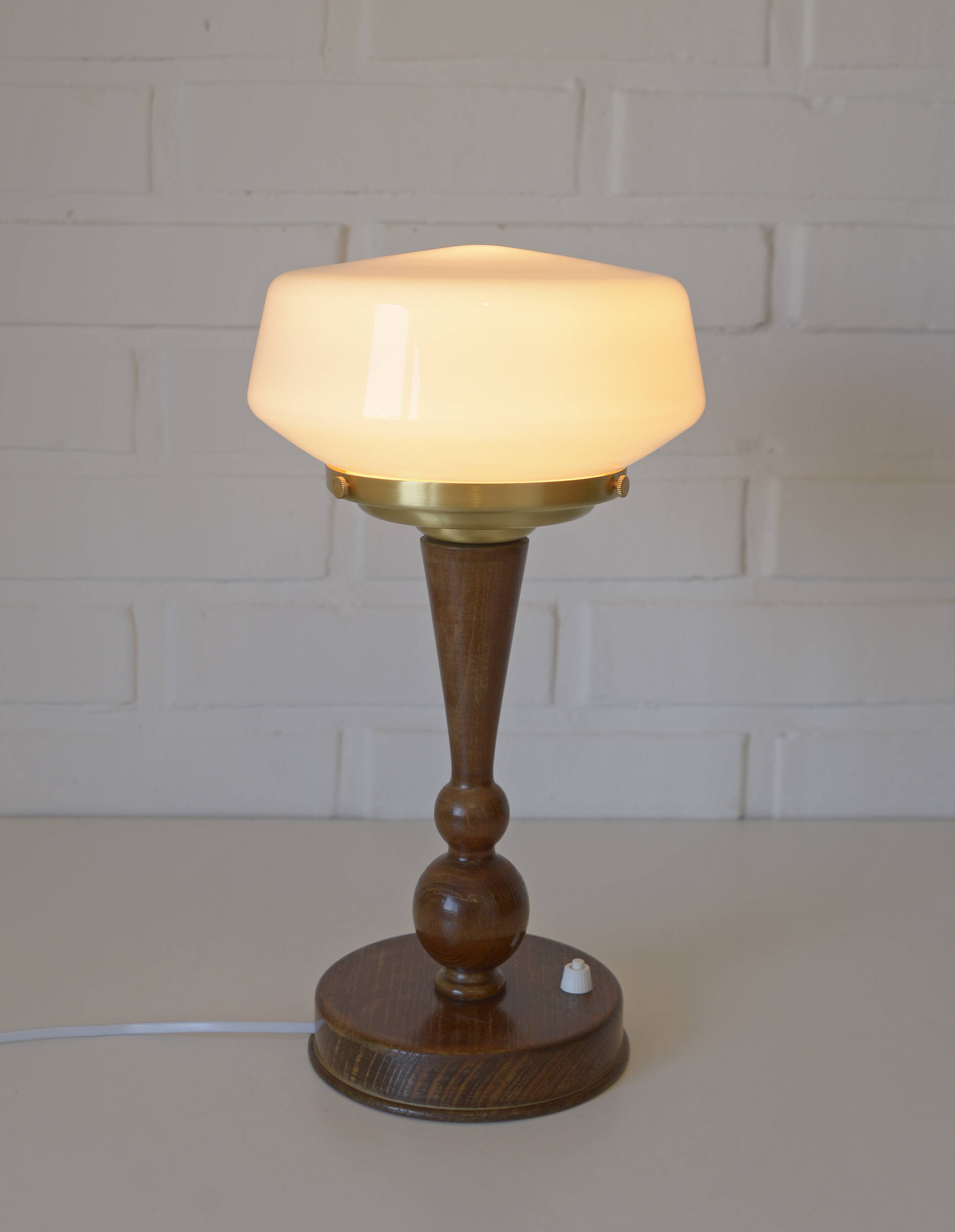 Art Deco Table Lamp | Vintage White Opaline Mushroom Glass | Restored Solid Wood | Fully Rewired | Bauhaus Style