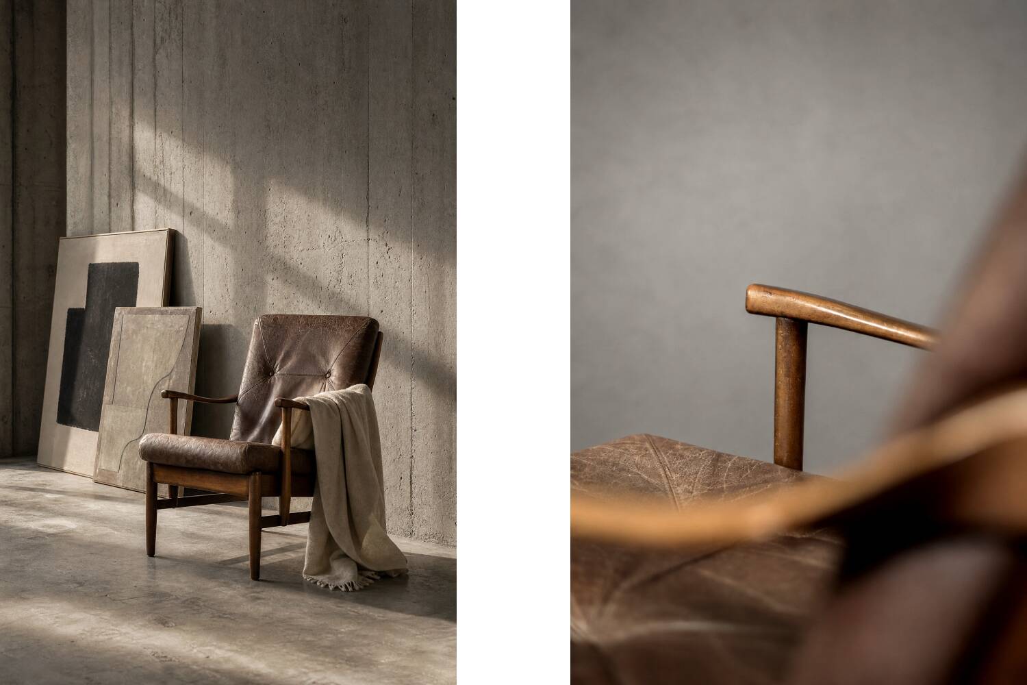 Fauteuil vintage en hêtre et cuir marron du milieu du siècle de Farstrup Møbler
