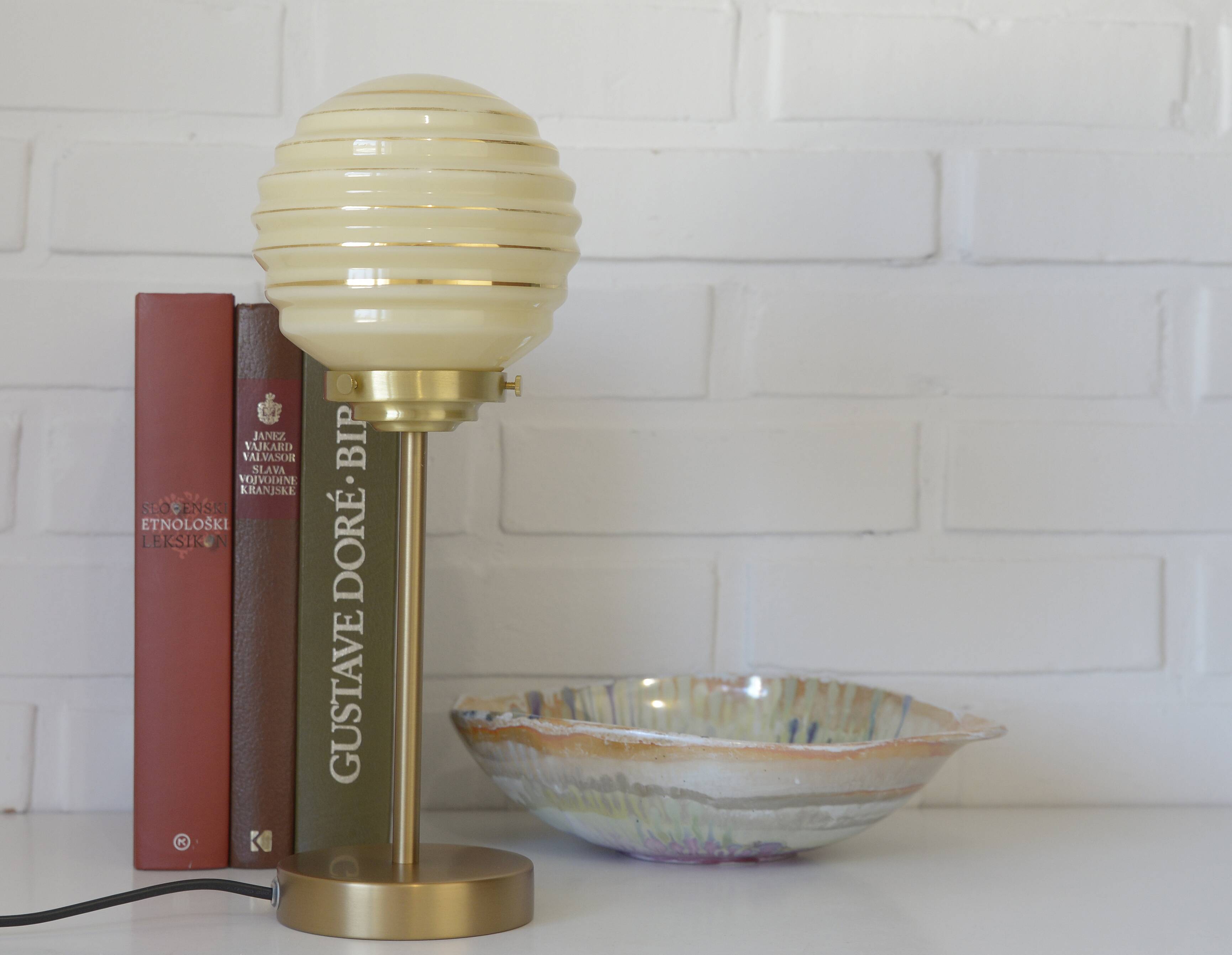 Art Deco desk lamp / redesign hand blown beige glass table lighting