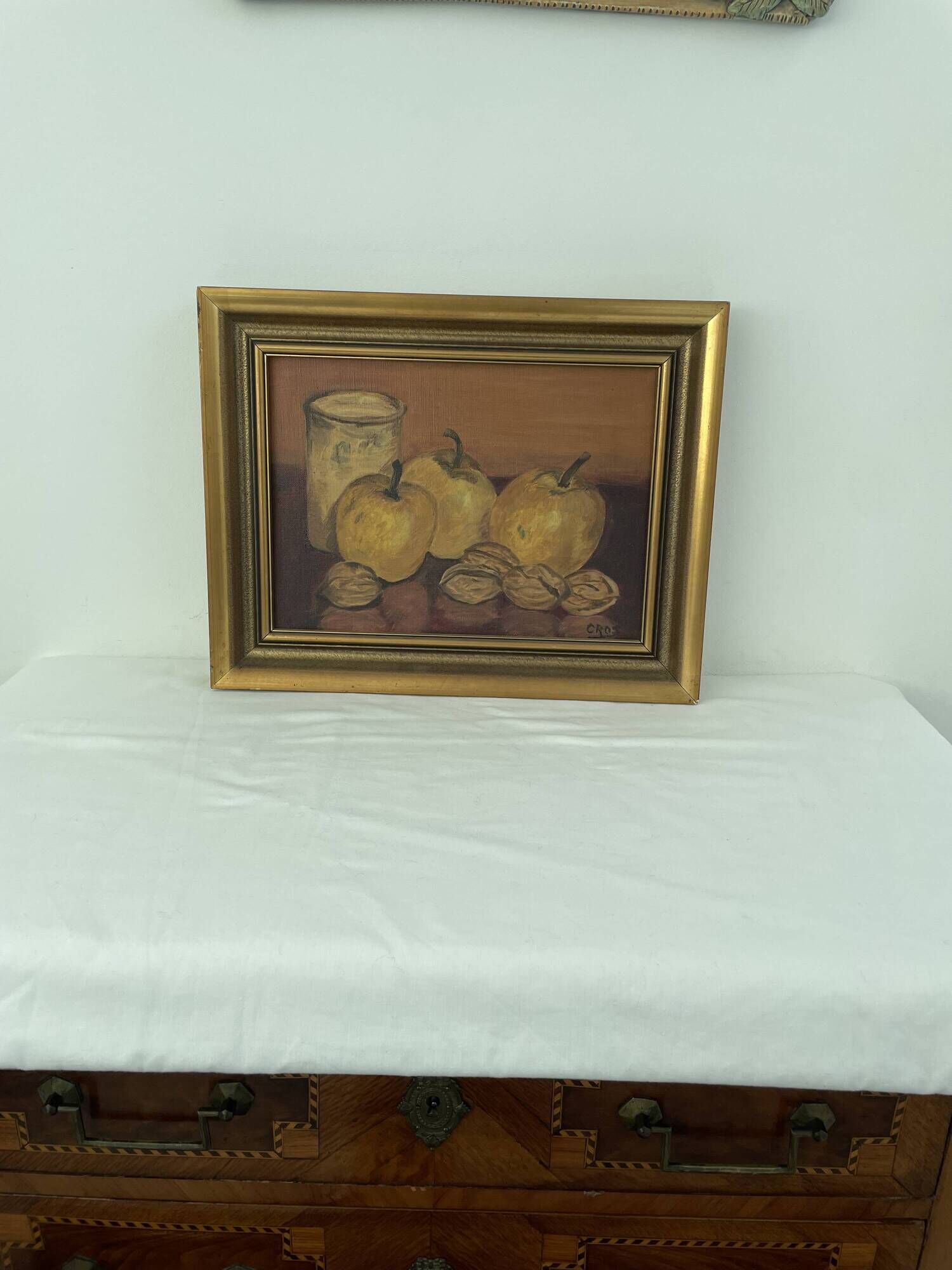 Oil painting on canvas, still life with fruits and pot, nuts, signed, George Cros, signed