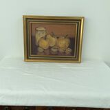 Oil painting on canvas, still life with fruits and pot, nuts, signed, George Cros, signed