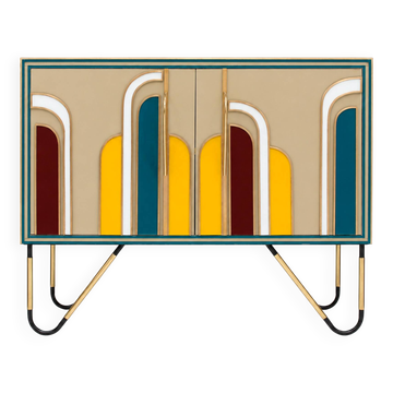 Mid-Century Modern Style Solid Wood and Colored Glass Italian Sideboard