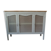Buffet, art deco console green of gray, 3 glass doors, wood tray waxed finish.