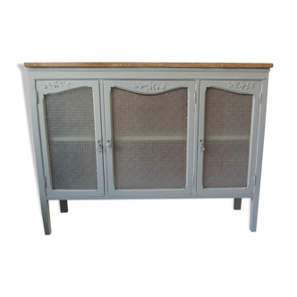 Buffet, art deco console green of gray, 3 glass doors, wood tray waxed finish.