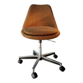 Chaise tulipe 70's, tissus lainé orangé et fonte d'aluminium