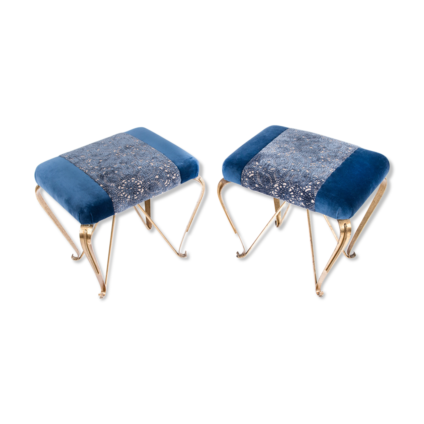 Pair of vintage brass and blue velvet feet rest