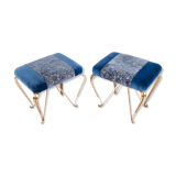 Pair of vintage brass and blue velvet feet rest