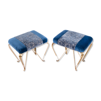 Pair of vintage brass and blue velvet feet rest