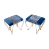 Pair of vintage brass and blue velvet feet rest