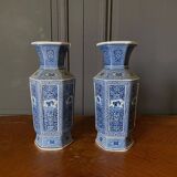 Pair of Japanese hexagonal blue background vases with cut sides DEC 739