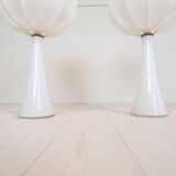 Pair of mid-century opaline glass table lamps with cotton shades by Bergboms, Sweden, 1960.