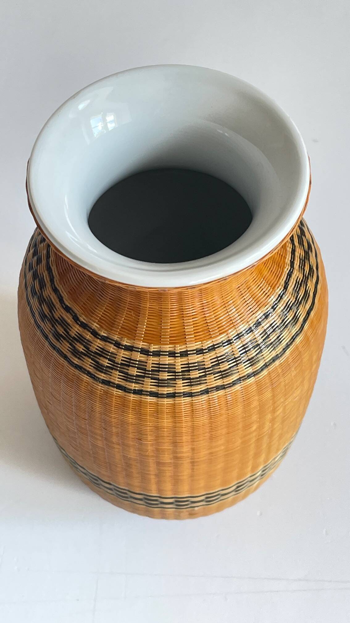 VINTAGE Woven Bamboo and Fine Porcelain VASE