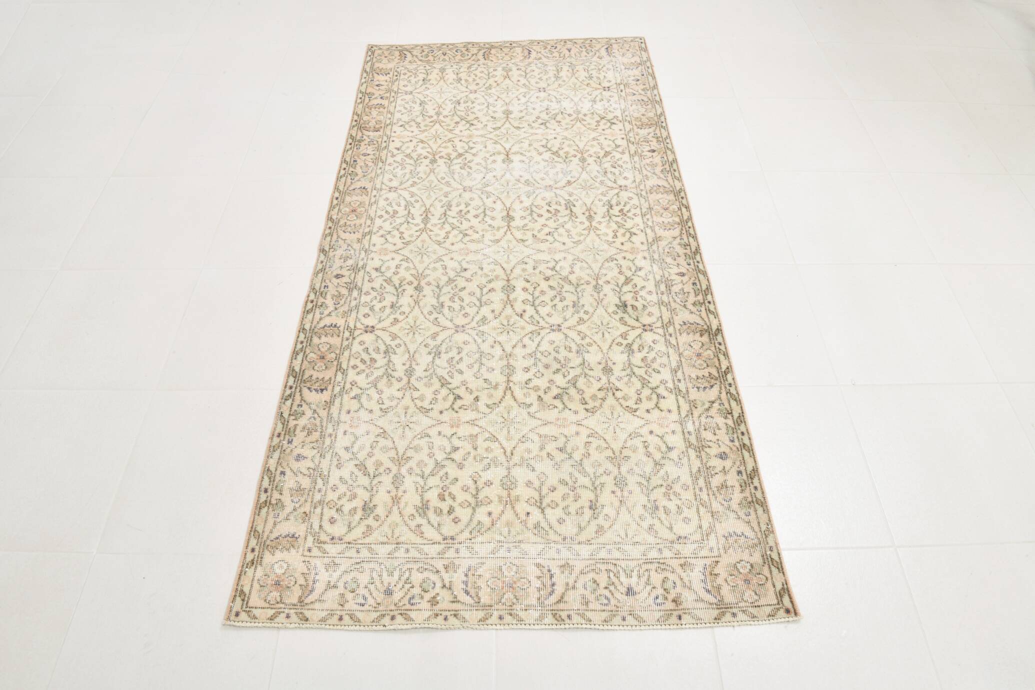 3x7 Brown Cream Floral Handmade Vintage Rug, 105x211Cm
