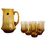 Set of six mid-century glasses and yellow Murano pot, Europe, 1960s.