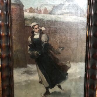 Huile sur toile, Une patineuse, réalisée par Frans Kasper H. Vinck (1827-1903)
