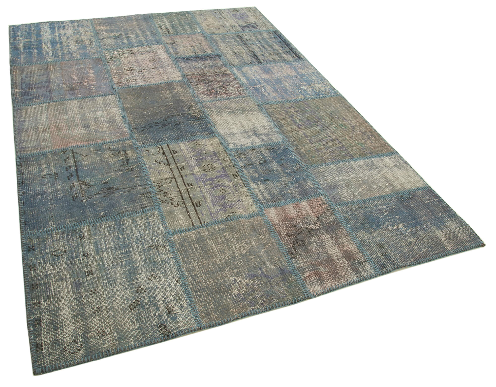 Handwoven turkish contemporary 175 cm x 242 cm blue patchwork carpet