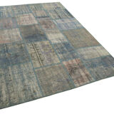 Handwoven turkish contemporary 175 cm x 242 cm blue patchwork carpet