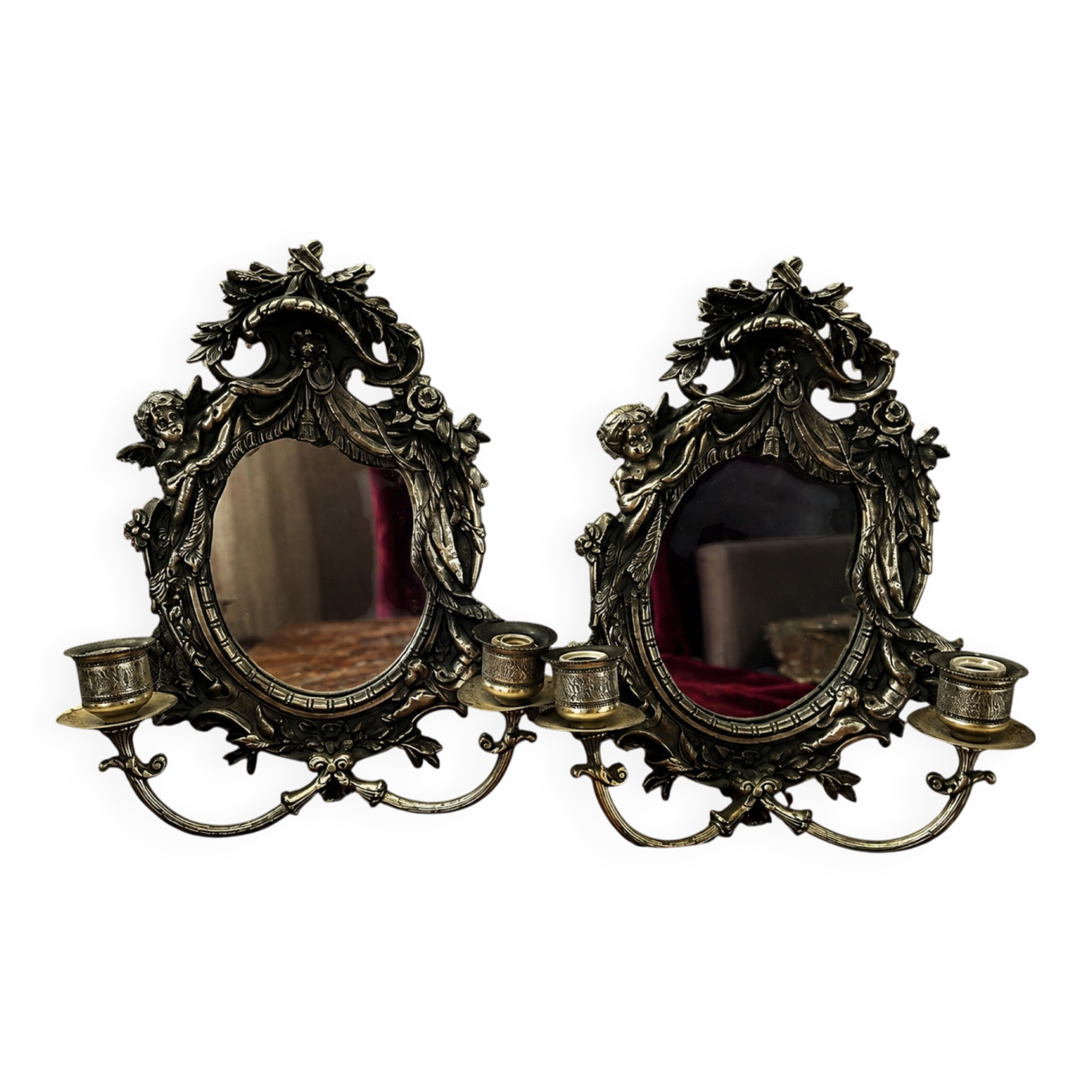 Rare pair of mirror sconces with putti. Napoleon III / Art Nouveau ~