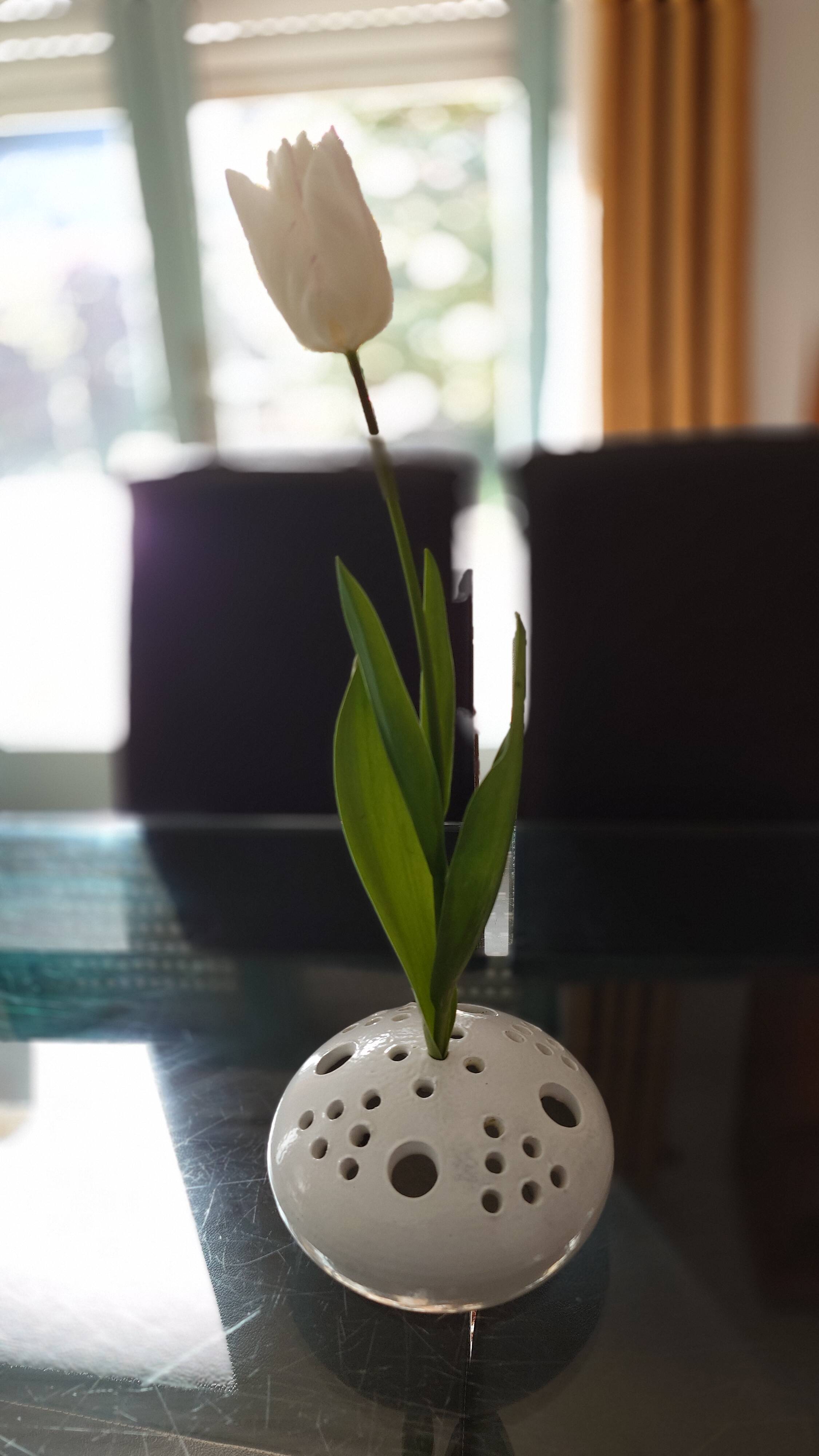 Centrepiece, white ceramic flower holder signed.