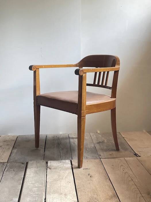 Swiss Art Deco Wood Armchair with Brown Leather Seat, 1930s