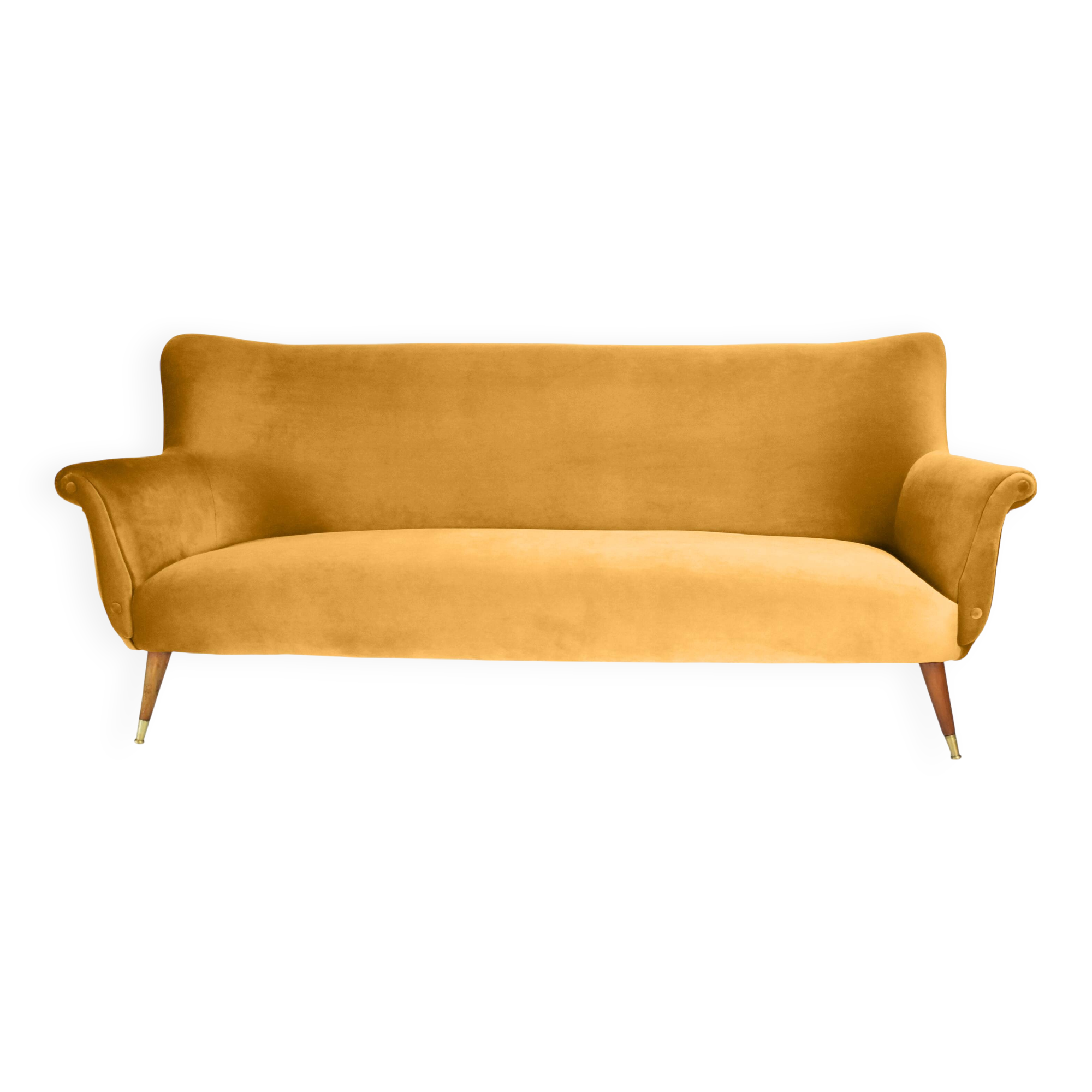 Canapé trois places en velours allemand, années 60, moutarde, restauré