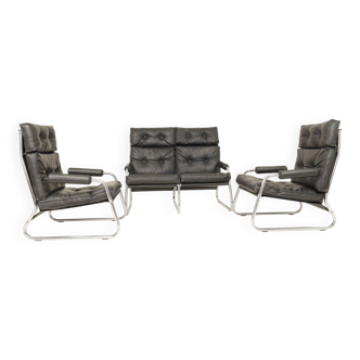 Ensemble de canapés Bauhaus 2+2 en cuir et chrome. 1974, Gillis Lundgren pour Ikea